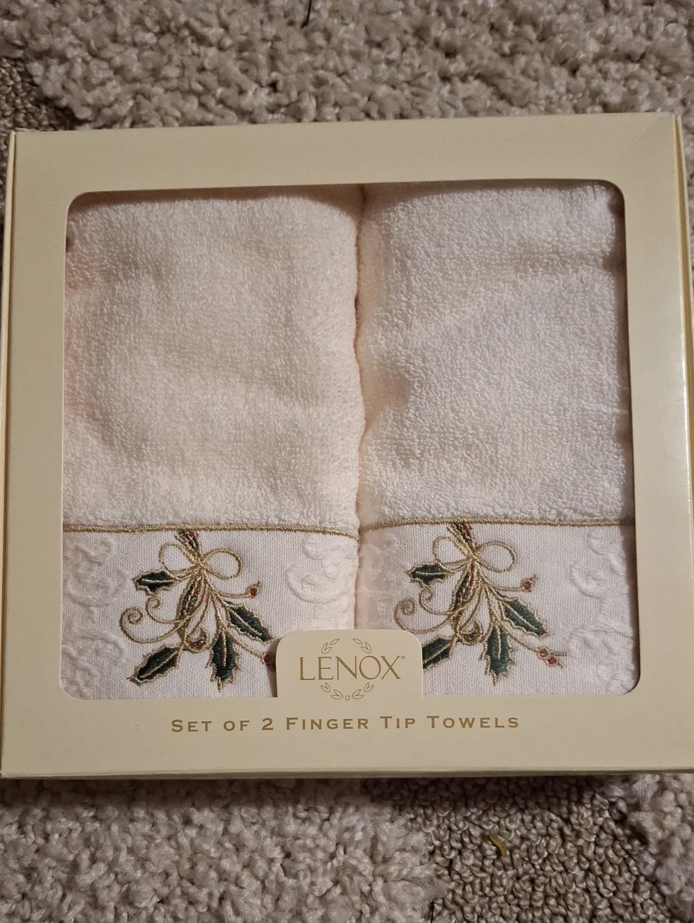 Lenox Ivory Holiday Embroidered Fingertip Towels with Green & Gold Accents